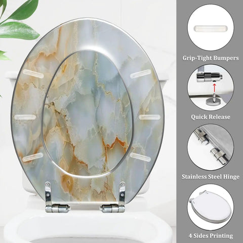 Elongated Toilet Seat for Bathroom in artistic design, 14.5" x 18.5", features grip-tight bumpers and stainless steel hinge.