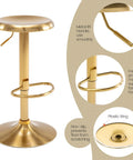 Adjustable Swivel Bar Stools Set Of 2 Round Gold Brushed Metal Airlift Stools with details showing footrest and base features.