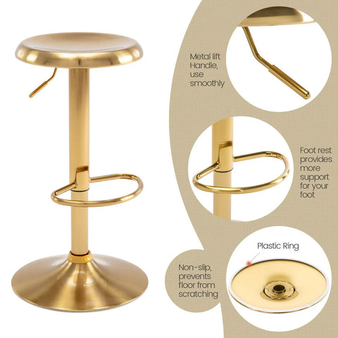 Adjustable Swivel Bar Stools Set Of 2 Round Gold Brushed Metal Airlift Stools with details showing footrest and base features.