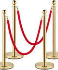 Gold Stanchions With Velvet Ropes Set Of 4, Solid Concrete Base And Stainless Steel Posts, 5ft Red Velvet Ropes For Crowd Control