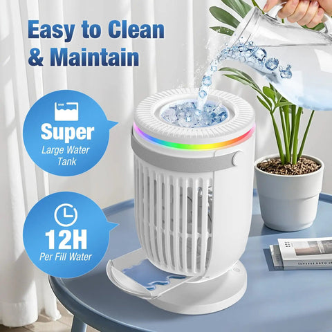 4 In 1 Personal Evaporative Air Cooler With 1200ml Water Tank being filled with water, on a desk with plants and books.