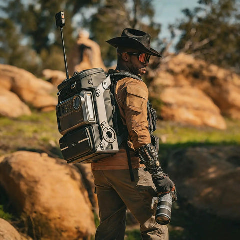 Man outdoors with Lancer300 Combo With 300W Power Station, Modular Creator Backpack For Filmmaking, Green.