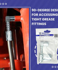 90 Degree Grease Gun Coupler snaps onto fittings in tight spaces for hassle free high pressure grease application with hose.