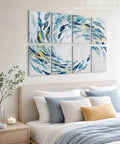 Top Shelf Acoustic Wall Panels With Dope Watercolor Fish Art For Bedroom And Podcast Room Sound Absorbing Polyester Fiber Decor Noise Fighting Wall Tiles 8 Piece Collection displayed over a bed with decorative pillows.