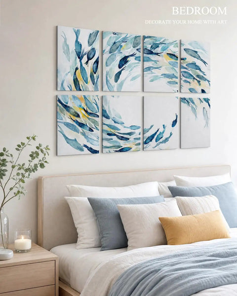 Top Shelf Acoustic Wall Panels With Dope Watercolor Fish Art For Bedroom And Podcast Room Sound Absorbing Polyester Fiber Decor Noise Fighting Wall Tiles 8 Piece Collection displayed over a bed with decorative pillows.