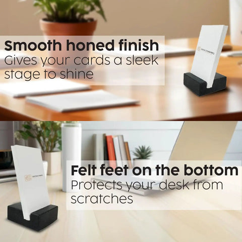 Black Granite Handmade Vertical Card Holder for Desk Holds Up to 20 Visiting Cards Desktop Card Stand on wooden surface with plants