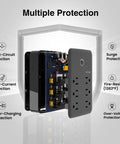 Smart Power Strip With WiFi Outlets And USB Ports, 3 Individually Controlled Sockets, Works With Alexa And Google Home, 15A 1800W, Black, exploded view showcasing multiple protection features