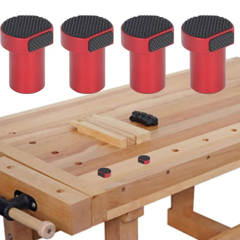 Four Pack Aluminum Bench Dog Clamps For Woodworking In Red Fits Three Quarter Inch 19mm Bench Dog Holes on wooden bench