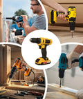 Skip The Hassle And Get Some Real Work Done With This Cordless Power Drill Packing A High Torque Motor Quick Change Chuck And Comfort Grip For Stress Free Woodwork Tasks in action, featuring users drilling wood.
