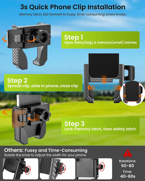 Magnetic Golf Cart Phone Holder Mount Holds Up To 6 Lbs Easy Clip Install steps with 360-degree rotation feature.