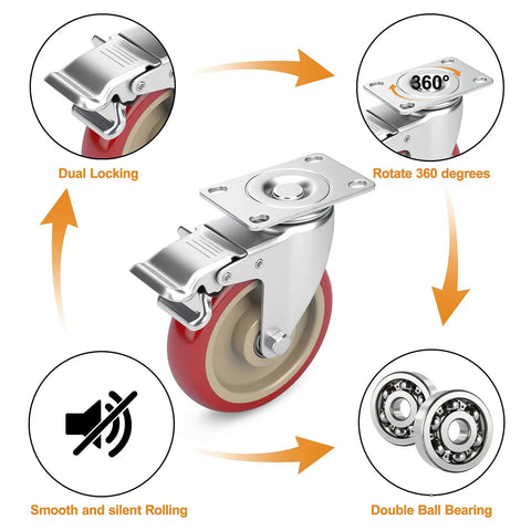 Heavy Duty 5 Inch Swivel Caster Wheels With Brakes Set Of 4 Locking Casters materials and features diagram, 360 degree rotation