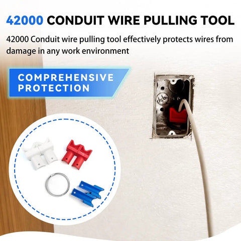 Heavy Duty Conduit Wire Pulling Tool Set With 1/2, 3/4, And 1 Inch Cable Guides in use, protecting wires during installation.