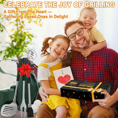 Family with gift box and Golf Club Style BBQ Tool Set 7 Piece With Rubber Handles Stainless Steel Grilling Utensils Kit
