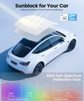 Tesla Model Y sunshade roof panels installed on a white vehicle; Juniper color, UPF200+ heat-insulation