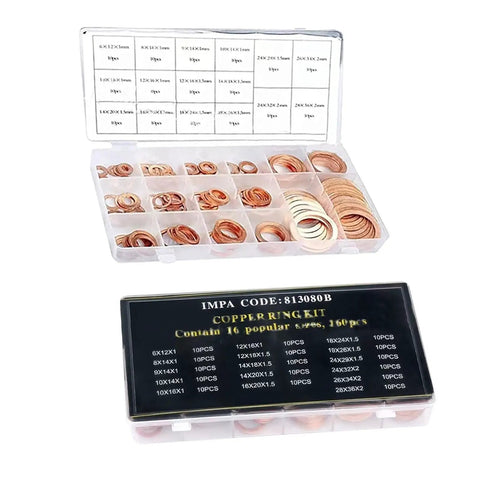 Oil Pan Plug Seal Gasket Kit with Flat Crushed Copper Washers Nine Sizes M5 M6 M8 M10 M12 M14 for cars and SUVs