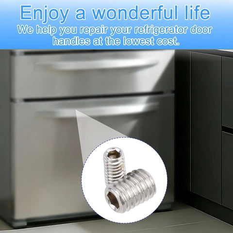 Heavy Duty Refrigerator Freezer Door Handle Screws With Mounting Wrench Zinc Alloy Replacement Hardware For Kitchen Appliance Repair No Drama Install Tough As Nails Bulk Pack close-up of zinc alloy screws beside a fridge.