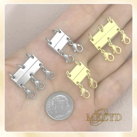 Magnetic Necklace Clasp Set For Layering No Fuss Quick Snap Closures Gold And Silver Separator For Layered Look shown on hand
