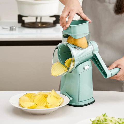 Rotary Cheese Grater Hand Crank 5 In 1 Mandoline Slicer shredding potato with strong suction base in kitchen