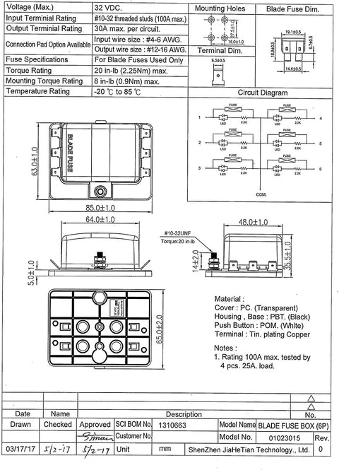 No Sweat Six Way Rv Fuse Block And Blade Box With Bright Led Indicators, detailed schematic dimensions for heavy duty use.