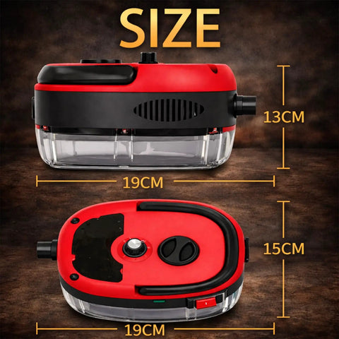 Heavy Duty Handheld Steam Cleaner Cranks Out Blistering Vapor, dimensions shown with measurements 19CM x 15CM x 13CM.