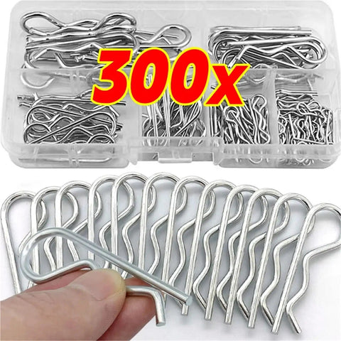 R Clip Hairpin Style Cotter Pin Kit with 300 pieces showing steel wave shape split clips