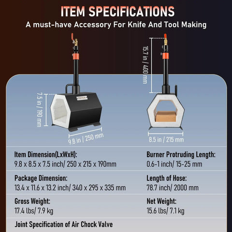 Dimensions and details of the Portable Propane Forge With Single Burner Reaches 2600F For Metal And Knife Work, Large Capacity Blacksmithing Farrier Forge Kit.