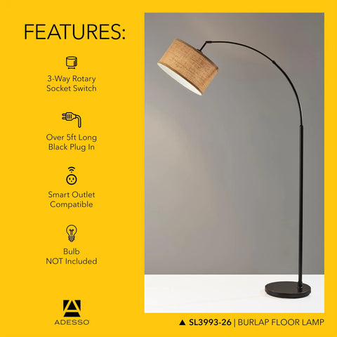 Arc Floor Lamp With Burlap Round Shade And Antique Bronze Base, 68 Inch Tall, Perfect Reading And Task Lighting For Your Living Room