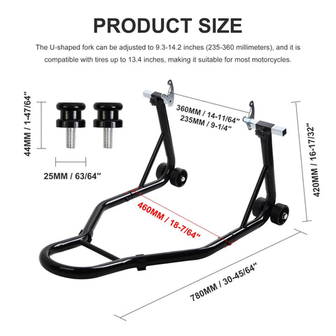 Product dimensions for Heavy Duty Motorcycle Rear Wheel Lift Stand For Universal Sport Bikes Swingarm Spool Paddock Stand Combo