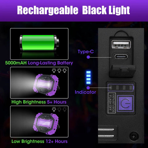 Product features of Two Pack Rechargeable Black Light 395nm Ultraviolet Flood Light Cordless 5000mAh Magnetic Portable LED.