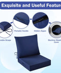 Outdoor Chair Cushions Set Twenty Four By Twenty Four Inch Deep Seat And Twenty Five By Twenty Two And A Half Inch Back Cushion Waterproof Fade Resistant Navy Blue With Ties And Handy Carry Handle For Patio Furniture Built To Last All Weather showing features of straps, handle, and zipper.