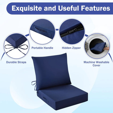 Outdoor Chair Cushions Set Twenty Four By Twenty Four Inch Deep Seat And Twenty Five By Twenty Two And A Half Inch Back Cushion Waterproof Fade Resistant Navy Blue With Ties And Handy Carry Handle For Patio Furniture Built To Last All Weather showing features of straps, handle, and zipper.