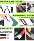 Ultimate 176 Piece Pro Grade 3D Printing Tool Kit showing precision pliers, utility knife, and removal tools in action.