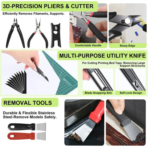 Ultimate 176 Piece Pro Grade 3D Printing Tool Kit showing precision pliers, utility knife, and removal tools in action.