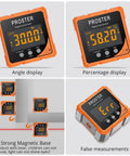 Top Notch Rechargeable Digital Angle Finder With Twin Laser Alignment And Rock Solid Magnetic Base For Carpenters And DIY Hustlers Demanding Dead On Precision On Every Tight Job Site showing angle and percentage displays.