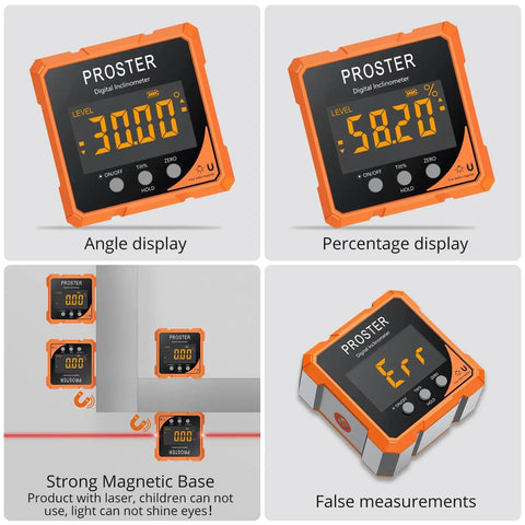 Top Notch Rechargeable Digital Angle Finder With Twin Laser Alignment And Rock Solid Magnetic Base For Carpenters And DIY Hustlers Demanding Dead On Precision On Every Tight Job Site showing angle and percentage displays.
