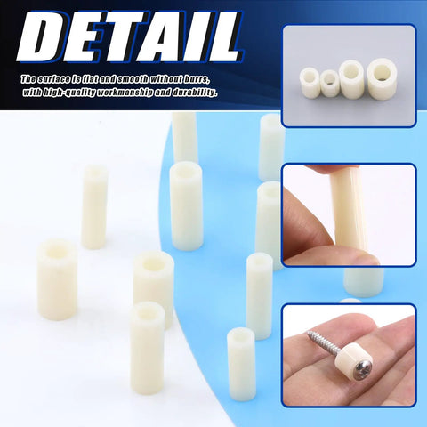 Nylon Spacer Go-To Assortment Kit 270Pcs For M3 To M6 Screws With White ABS Round Washers close-up detail shot