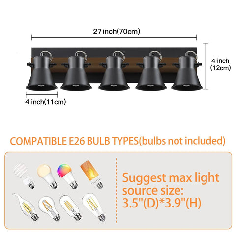 Diagram showing dimensions of Five Light Adjustable Track Lighting Fixture In Industrial Black For Ceiling Or Wall Mount Kitchen Dining Hallway Bathroom Lighting With Movable Spotlights Modern Home Track Lighting.