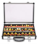 Heavy Duty Thirty Five Piece Tungsten Carbide Router Bit Set For Woodworkers With One Quarter Inch Shank in a display case.