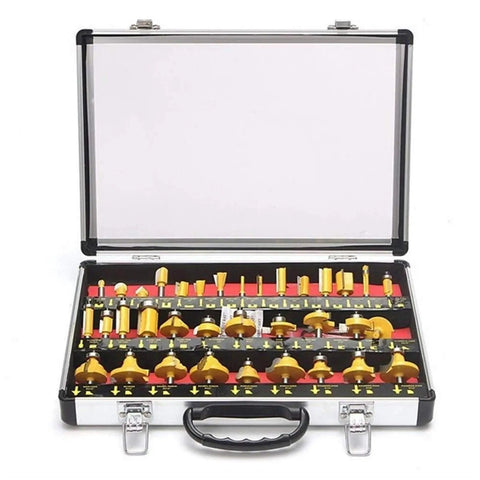 Heavy Duty Thirty Five Piece Tungsten Carbide Router Bit Set For Woodworkers With One Quarter Inch Shank in a display case.