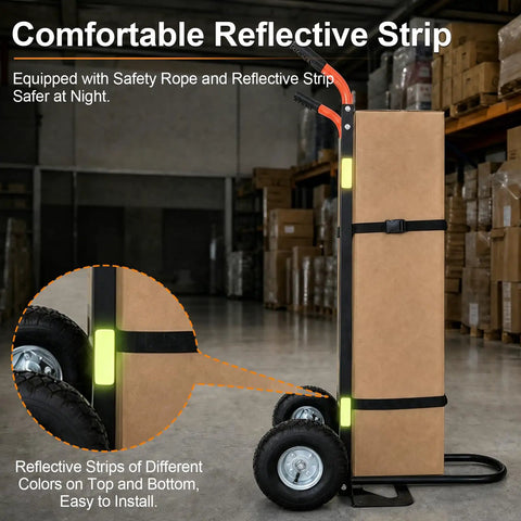 Heavy Duty 2 In 1 Hand Truck With 9 Inch Pneumatic Tires And 800 Pound Capacity Carbon Steel Moving Dolly with reflective strips.