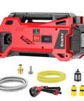 Kickass Cordless Water Transfer Pump 9.6GPM Self Priming Battery Powered Pond Pump with accessories for RV tank and pool draining.