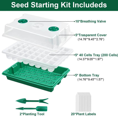 Five Pack Seed Starter Trays Kit With 200 Cells Total See Through Lids And Adjustable Humidity Dome components and dimensions