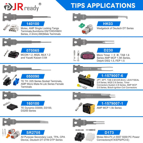 20 Piece Pin Removal Tool Kit For Electrical Connectors With Circular Tube Extractors and Applications Chart