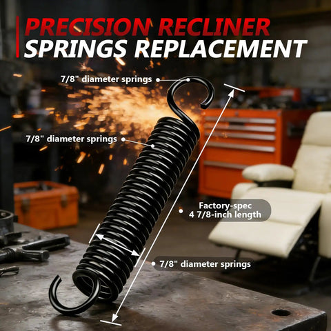 Heavy Duty Replacement Recliner Springs 4 7 8 Inch Extension Hardware Featuring Three Quarter Offset Hooks And Twenty Nine Coils For Smooth Lounging And Zero Fuss DIY Fixes That Get Your Favorite Throne Back On Track Fast. Close up of black steel spring, 7/8" diameter and 4 7/8" length.