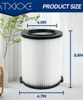 VF4000 Wet Or Dry Vacuum Replacement Filter shown with product dimensions 4.5in x 6.7in x 8.8in for 5-20 gallon vacuums