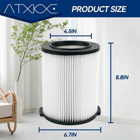 VF4000 Wet Or Dry Vacuum Replacement Filter shown with product dimensions 4.5in x 6.7in x 8.8in for 5-20 gallon vacuums