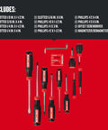Bi-Material 12 Piece Screwdriver Set With Black Oxide Tips for Tough As Nails Durability shown with included sizes and tools.