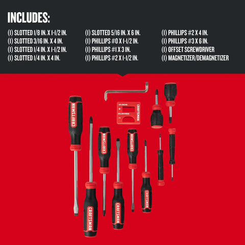 Bi-Material 12 Piece Screwdriver Set With Black Oxide Tips for Tough As Nails Durability shown with included sizes and tools.
