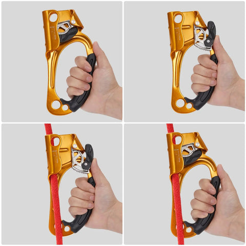 Left And Right Hand Ascender For Rope Climbing Aluminum Gear shown in use with hand gripping an ergonomic handle, fits 10-13 mm rope.