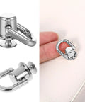 4 Pack D Rings for Purses With 360 Degree Rotatable Stud Screw Balls on white leather background, polished silver finish